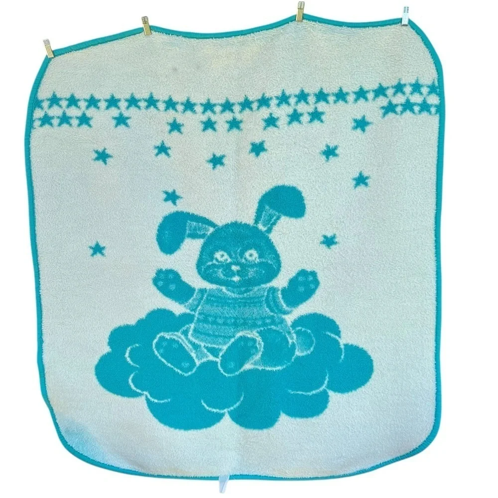 VTG San Marcos Happy Bunny Rabbit Reversible Plush Baby Blanket Cloud Star 44x49